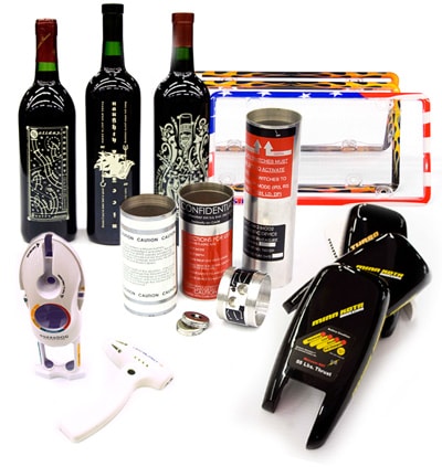 Screen printed wine bottles, cylinders, license plate frames, and promotional items